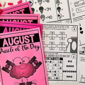 May include: A pink and black printable worksheet with the title "August Puzzle of the Day". The worksheet features a cartoon monster with pink skin and black eyes. The worksheet also includes a grid with numbers and a secret code.