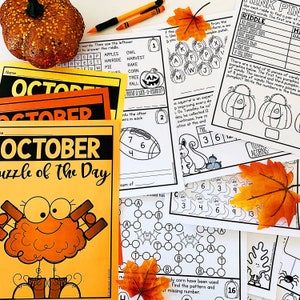 Könnte beinhalten: Ein Satz druckbarer Arbeitsblätter für Kinder mit Herbst-Motiven. Die Arbeitsblätter beinhalten ein Suchwort, ein Labyrinth, eine Zählübung und ein Rätsel. Die Arbeitsblätter sind mit Kürbissen, Blättern und anderen Herbstbildern verziert.