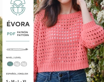 PDF de patrón de ganchillo (inglés + español), suéter Évora, tutorial con fotos y vídeo incluidos, patrón de suéter de ganchillo