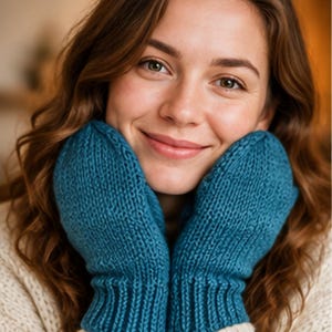 May include: A pair of teal blue knitted mittens featuring a textured stockinette stitch pattern on the main body and a ribbed cuff at the wrist. The mittens are crafted from a thick yarn, displaying a consistent deep blue-green color throughout.