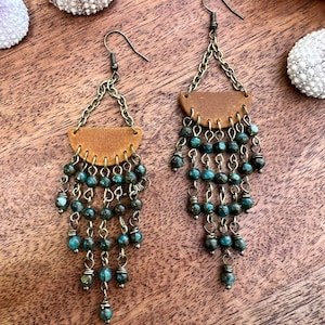 Handmade boho half moon and beaded chandelier earrings