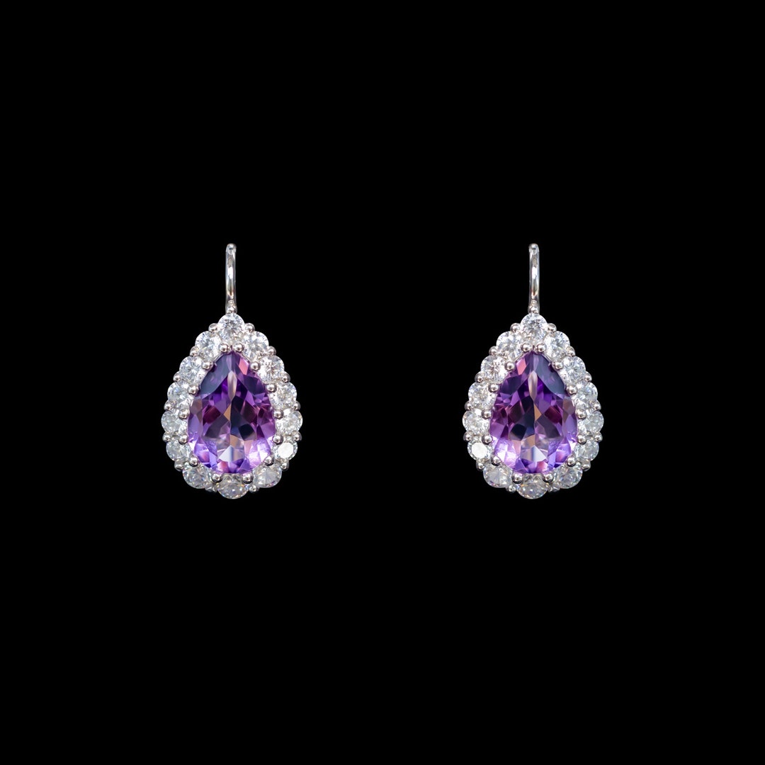 925 Sterling Silver Natural Amethyst Stud Earrings For Women - Pear Shape, 2 Carat Total