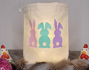Easter decoration 3 Easter bunnies in pastel colors. Spring decoration. Easter lantern, Easter gift. Easter light bag. Small Easter gifts.