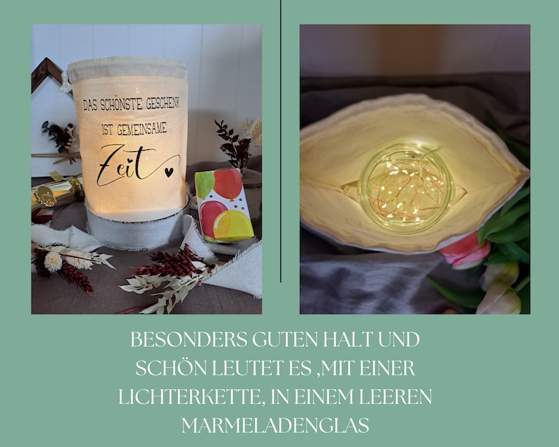 Stoff-windlicht mit aufdruck. Dasschönste Geschenk ist gemeinsame Zeit