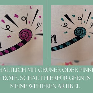May include: Close-up of a party favor with a pink and black design. The party favor is a blow horn with a spiral design. The text "ERH&Auml;LTLICH MIT GR&Uuml;NER ODER PINKER TR&Ouml;TE. SCHAUT HIERF&Uuml;R GERN IN MEINE WEITEREN ARTIKEL" is visible below the image.