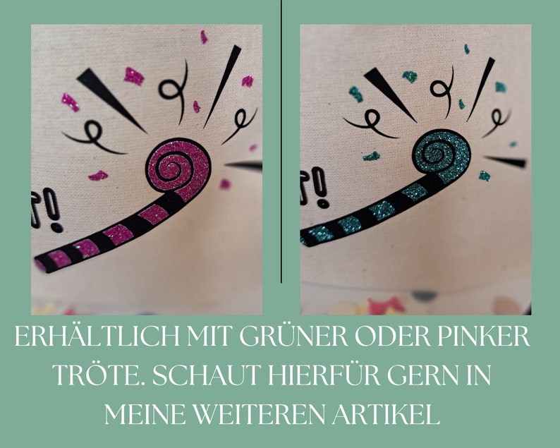 May include: Close-up of a party favor with a pink and black design. The party favor is a blow horn with a spiral design. The text "ERH&Auml;LTLICH MIT GR&Uuml;NER ODER PINKER TR&Ouml;TE. SCHAUT HIERF&Uuml;R GERN IN MEINE WEITEREN ARTIKEL" is visible below the image.