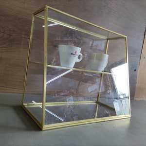Glass cabinet, shelf, gold brass organizer