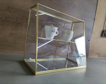 Glass cabinet, shelf, gold brass organizer