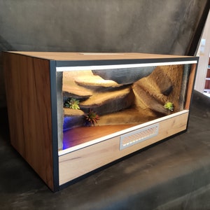 Furniture terrarium for a small agama eublefara gecko, golden oak, LEDs, loft, industrial