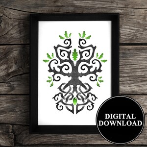 May include: A framed digital print with a black tree design, green accents, and a green gem. The artwork is on a white background, framed in black. The print includes the text "DIGITAL DOWNLOAD" in a black circle. The image is set against a wooden background.