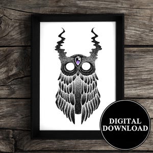 May include: Black framed art print featuring a detailed illustration of an owl-like creature with antlers, a purple gem, and a feathered body. The artwork is in a dot-work style. The print includes the text "DIGITAL DOWNLOAD" in a black circle.