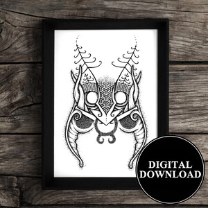 May include: Black framed art print featuring a symmetrical, abstract design in black and white. The artwork has intricate details, including dotted shading and geometric patterns. The print is labeled "DIGITAL DOWNLOAD" in a black circle.