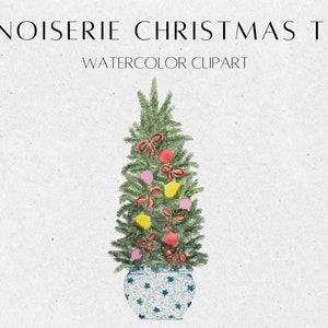 May include: A watercolor illustration of a Chinoiserie Christmas tree decorated with red, yellow, and pink ornaments and red bows. The tree is in a blue and white patterned pot.