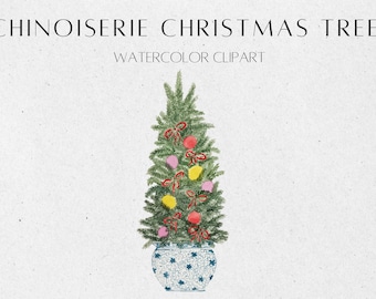 Árbol de Navidad Chinoiserie - Imágenes Prediseñadas de árbol de Navidad - Imágenes Prediseñadas de invierno - Imágenes Prediseñadas de Navidad - Imágenes Prediseñadas de vacaciones - Imágenes Prediseñadas de Navidad de acuarela