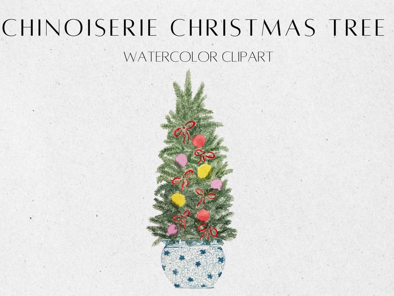 May include: A watercolor illustration of a Chinoiserie Christmas tree decorated with red, yellow, and pink ornaments and red bows. The tree is in a blue and white patterned pot.