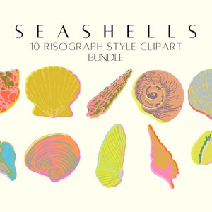 May include: A set of 10 seashell illustrations in a risograph style. The shells are in various colors, including pink, yellow, blue, green, and orange.  The illustrations are perfect for adding a touch of summer to your designs.