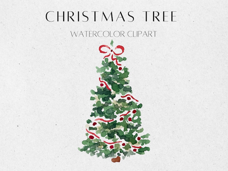 Puede incluir: Pintura de acuarela de un &aacute;rbol de Navidad verde con adornos rojos y un lazo rojo en la parte superior. El &aacute;rbol est&aacute; sobre un fondo blanco con el texto "CHRISTMAS TREE WATERCOLOR CLIPART" arriba.