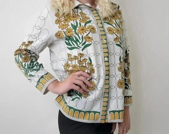 Blazer floral elegante vintage de los años 70 con diseño amarillo y verde