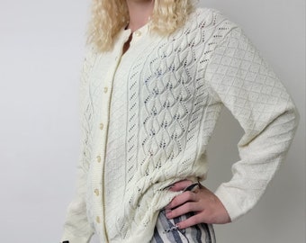 Vintage Plaid Zig Zag Knit Ivory Cardigan - M