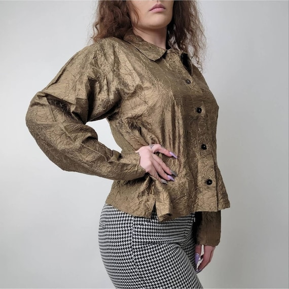 Orvis, Vintage 90s Orvis Gold Ruffled Silk button Up Jacket - M