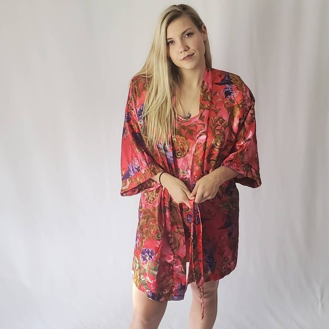 Vintage 90s Floral Satin Nightgown & Robe - M - Etsy