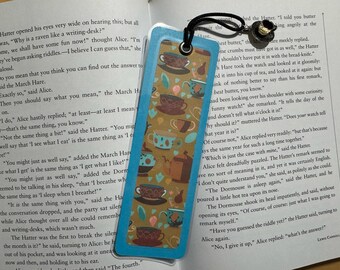 Whimsical Wonderland Mad Tea Party Bookmark with a Tea Cup and Saucer Charm