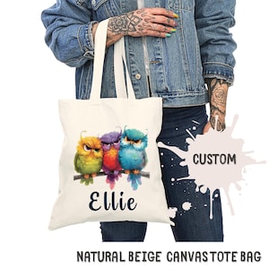 Custom Owl Tote Bag With Name, Funny Colorful Grumpy Owl Canvas Bag, Personalized Gift For Bird Lovers, Cute Animal Eco Bag, Owl Art Tote
