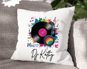 Personalized DJ Pillow with Name, Vinyl Record Headphones Design, Custom Music Cushion, DJ Gift for Producer Club Music Lover