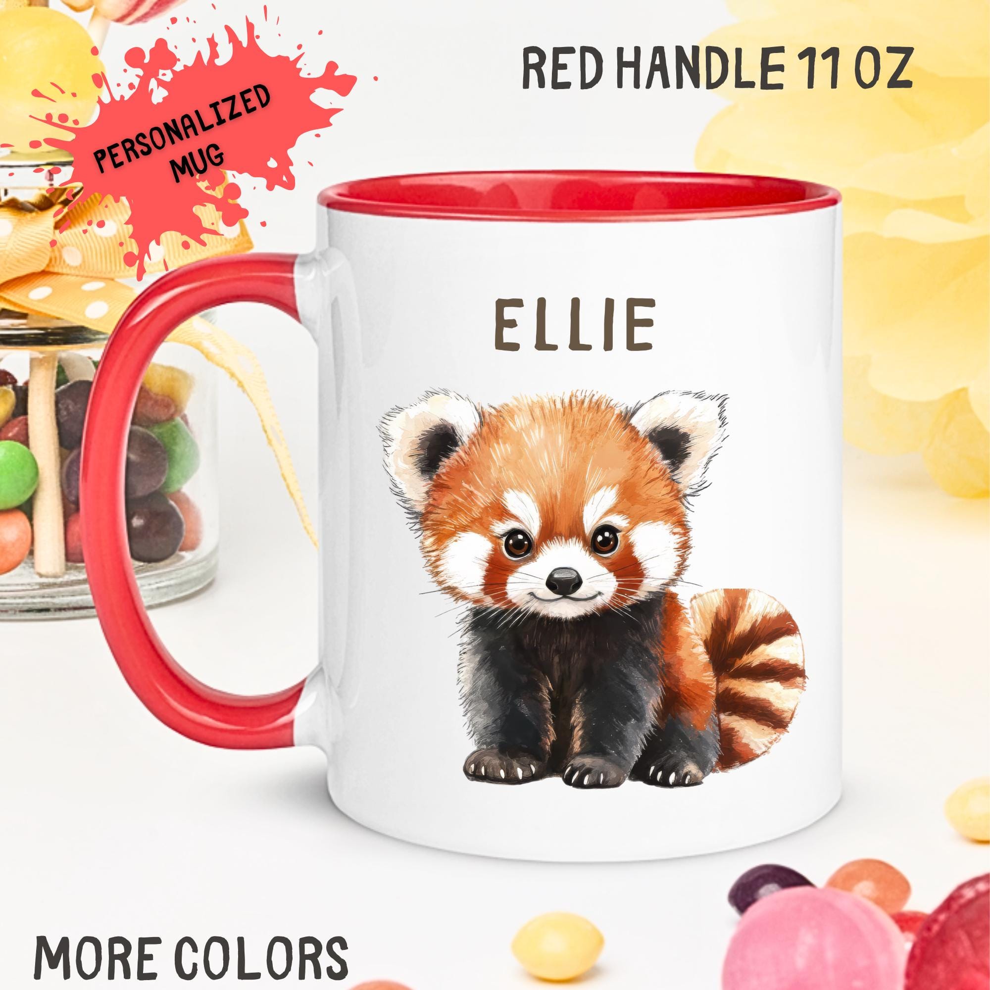 Personalized Red Panda Mug For Girls, Cute Animal Coffee Cup With Name, Colorful Handle Gift For Kids, Red Panda Mug Gift For Panda Lovers