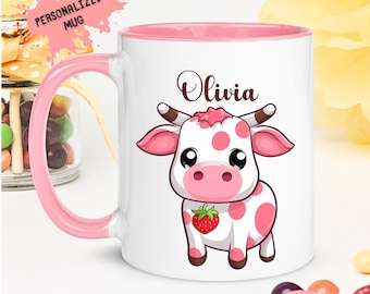 Personalized Name Strawberry Cow Mug, Highland Cow Painting Mug, Farm Cute Cow Mug, Gifts For Cow Lovers, Presents For Sister Friends