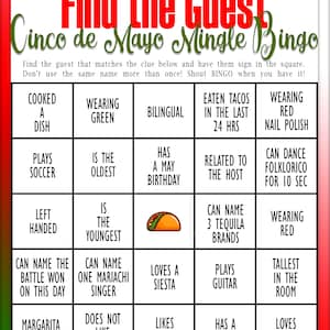 Cinco De Mayo Mingle Bingo Party Game Find the Guest