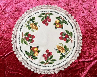 Fruits Handmade Doily, Embroidered Natural table cloth, Cross stitch tablecloth, elegant round kitchen table cover