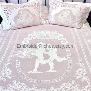 Fillet Lace Coverlet & Pillow Shams – White Needlework Bedspread with Cherub Motifs (Cottage Chic Wedding)