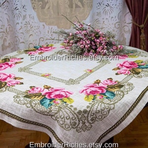 Pink Roses Tablecloth – Hand‑Embroidered Table Cover for Cottage‑Chic Dining or Romantic Living Room
