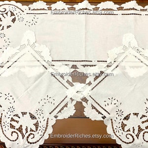 Floral Richelieu Runner & Table Cover Set – White Cutwork Openwork Linen (Cottage‑Core Decor)