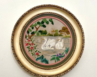 Vintage Hand Embroidered Swans Tapestry: Ornate Framed Folk Art