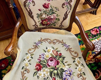 Flower Chair Cover Set, Vintage bloom hand embroidered floral elegance, French art nouveau chateau decor, antique floral embroidery armchair