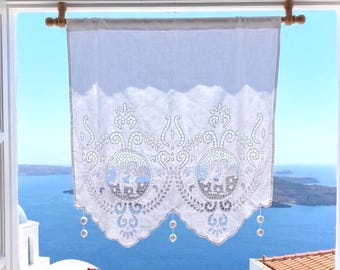 White Cutwork Window Curtain – Cherub Angels & Geometric Floral Design (21.6 × 21.6 in)