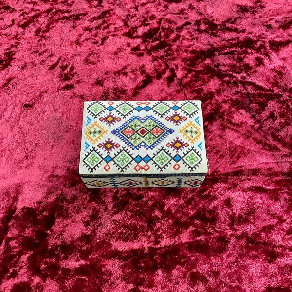 Antique Folk Little Box, Cretan Hand Embroidered Jewelry Box, Ethnic Pattern Embroidery from Crete, Traditional Greek Island Home Decor