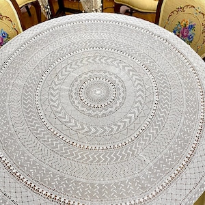 Antique Handmade Tablecloth, Vintage Needle Work Table Cloth, Round White Lace Table Cover Cloth, Granny Cottage Home Decor