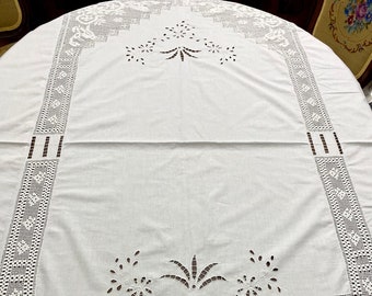 White Linen Tablecloth, Handmade dining table cloth, hand embroidered rectangle table cover, Greek linen tablecloths