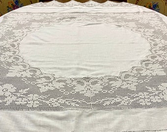 White linen tablecloth, square handmade table cloth, lacy table cover, czech linen vintage style, traditional hand embroidered