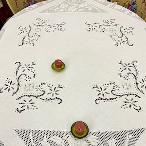 Greek Handmade Knitted White Linen Tablecloth,  Handmade Greek Traditional Linen Table Cloth, Hand Embroidered Tablecloth Table Cover