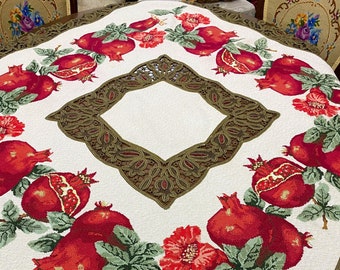 Lacy Pomegranates Tablecloth, Embroidered Luxury Table Cover Cloth, Pomegranate Dining Table Cloth, Artsy Tablecloth