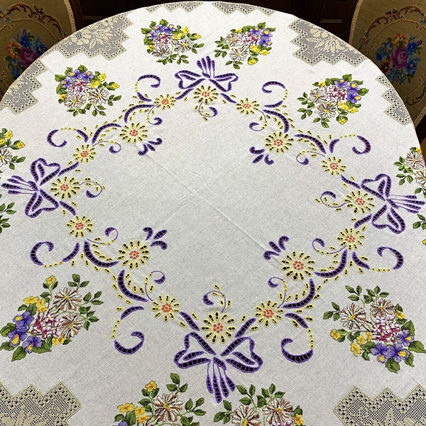 Floral Embroidered Tablecloth Vintage, Handmade Traditional Greek Embroidery Tablecloth, Premium Quality Embroidery and Lace Table Cover