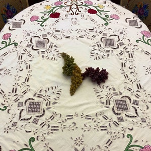 1950s Antique Richelieu Tablecloth – Handmade Cutwork & Byzantine Motif (Vintage Collectible)