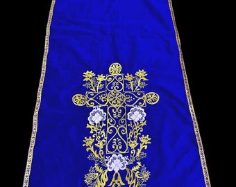 Velvet Church Altar Cloth with Embroidered Cross, Satin Religious Table Runner, Multiple Colours Available