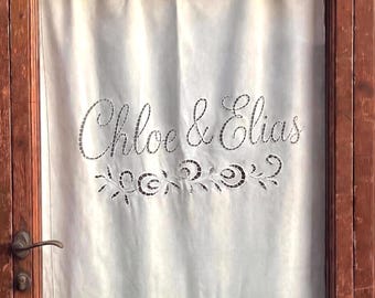 Custom Linen Cafe Curtain with Names – Hand Cutwork Embroidery – Personalized Wedding Window Curtain