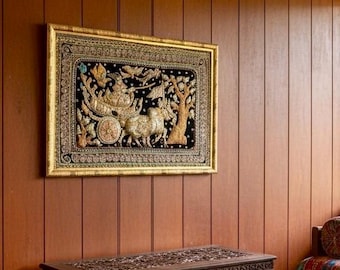 Burmese Kalaga Tapestry: Embroidered Horses, Beaded Velvet Wall Hanging