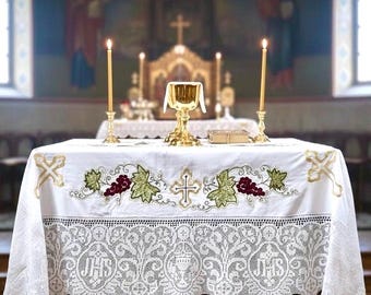 Hand-Embroidered Linen Altar Cloth: Religious Christian Communion Table Cover